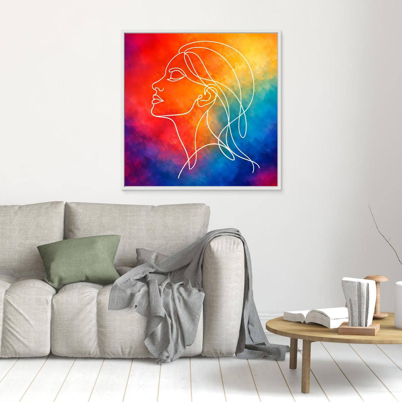 Kleines Leinwandbild mit abstraktem Frauenprofil in Regenbogenfarben, goldener Rahmen