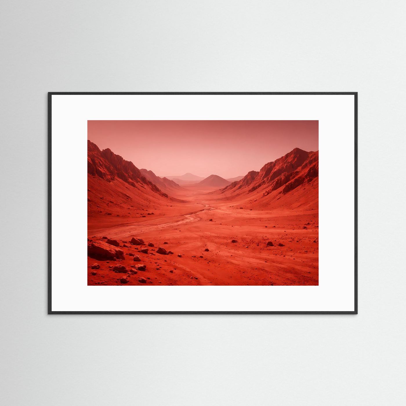 Querformatposter mit roter Marslandschaft, schwarz gerahmt mit weißem Passepartout