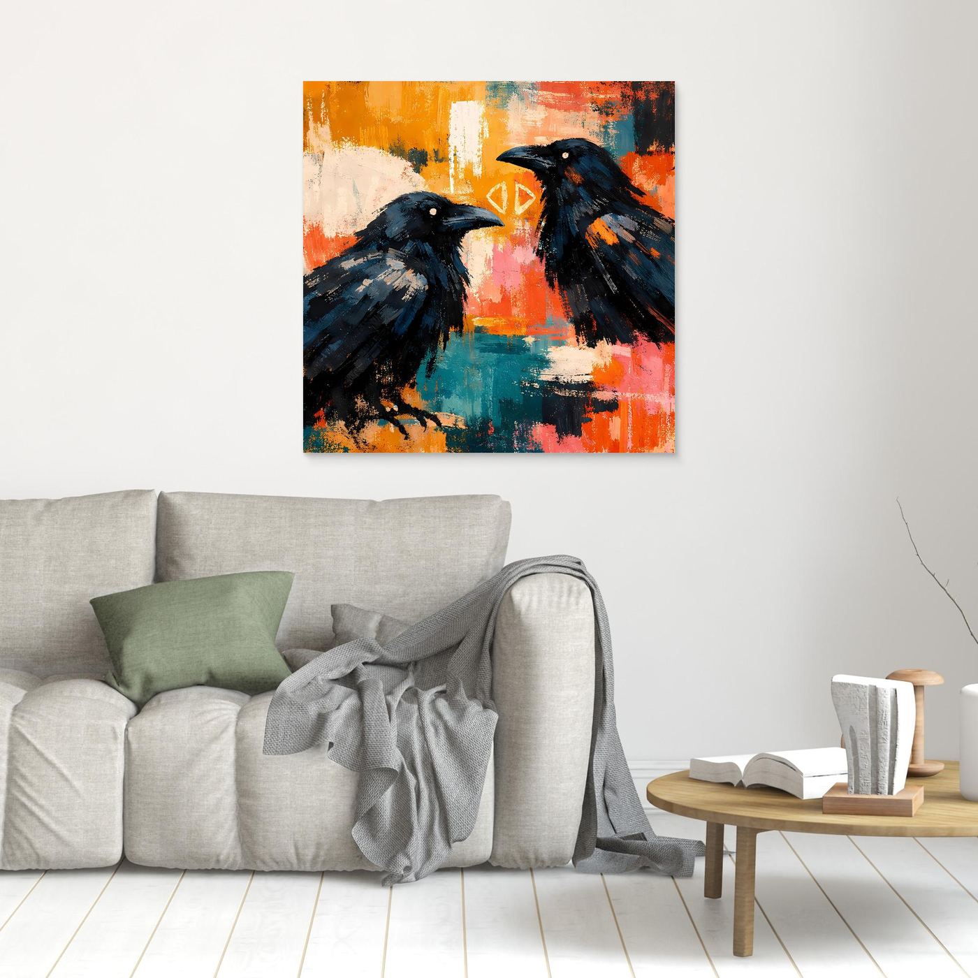 Abstraktes Wandbild mit zwei dunklen Raben, klein an der Wand, mit hellem Rahmen