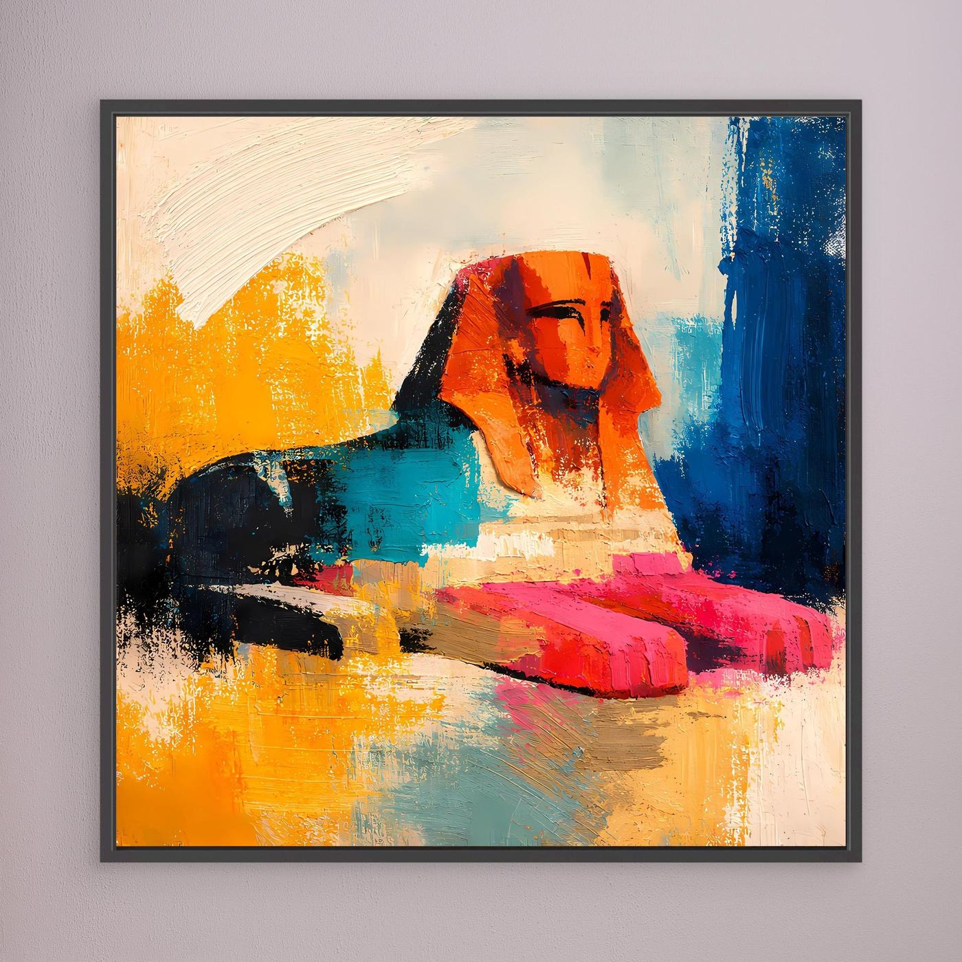 Abstract sphinx wall art with orange, teal, red, and blue strokes in a dark frame