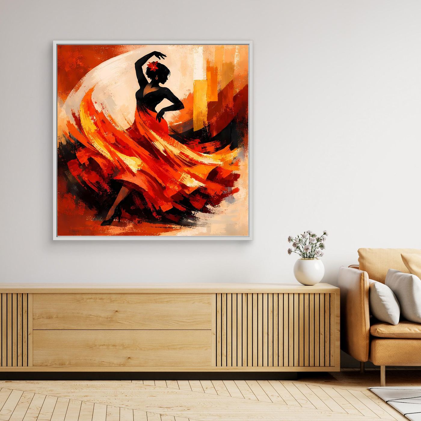 Gerahmtes Leinwand-Wandbild mit Flamenco-Tänzerin, weiß gerahmt, Rot-Orange