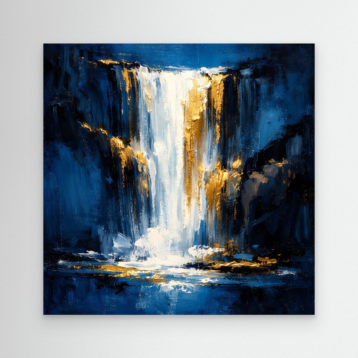 Leinwand Abstraktes Wasserfall Gemälde in Dunkelblau und Gold | Modernes Natur Wandbild