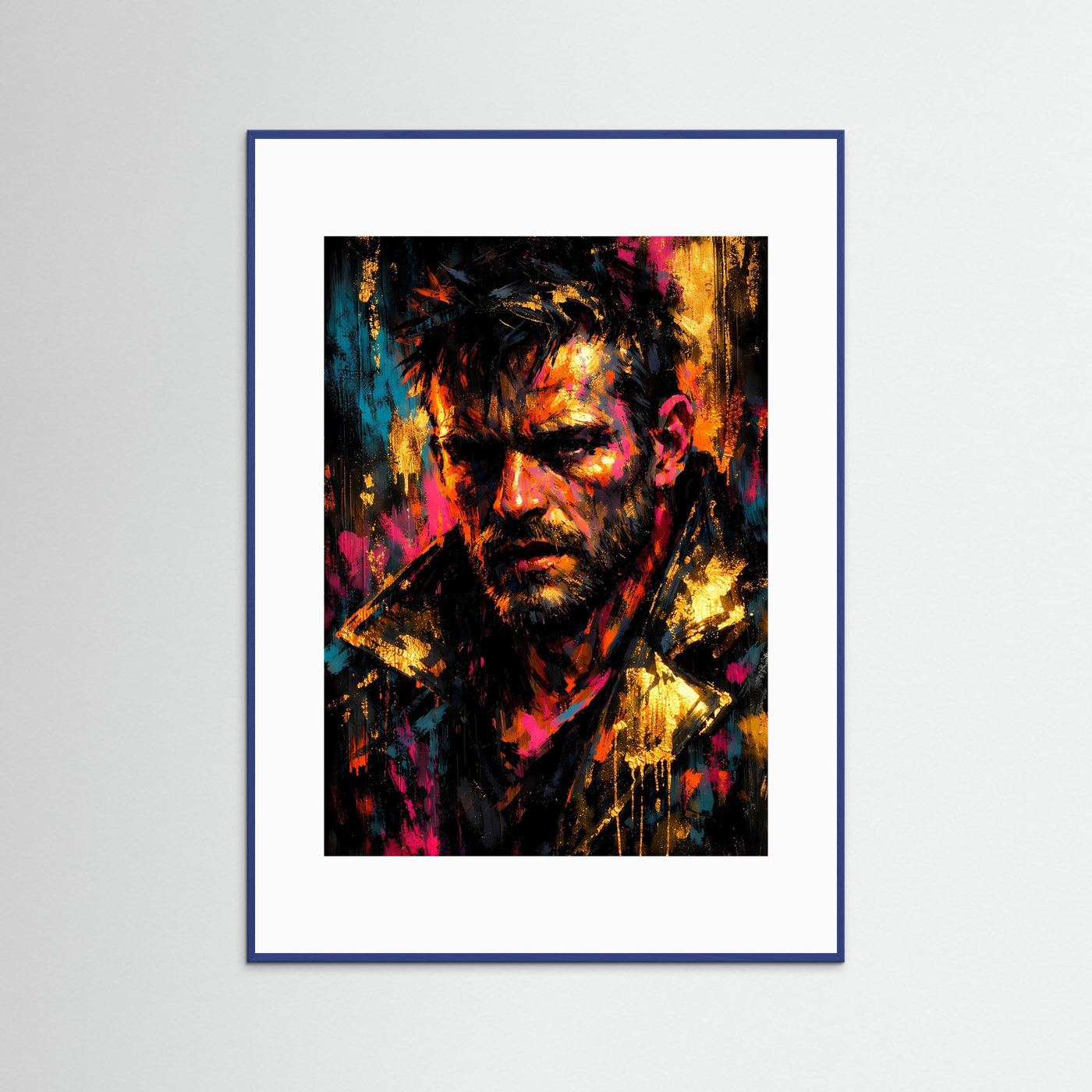 Kunstposter mit Porträt im blauem Rahmen, weißem Rand