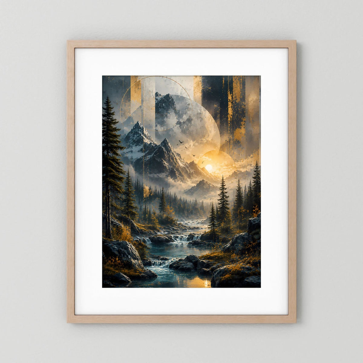 Poster mit Berglandschaft in Gold, Fluss und Sonnenlicht, im Holzrahmen