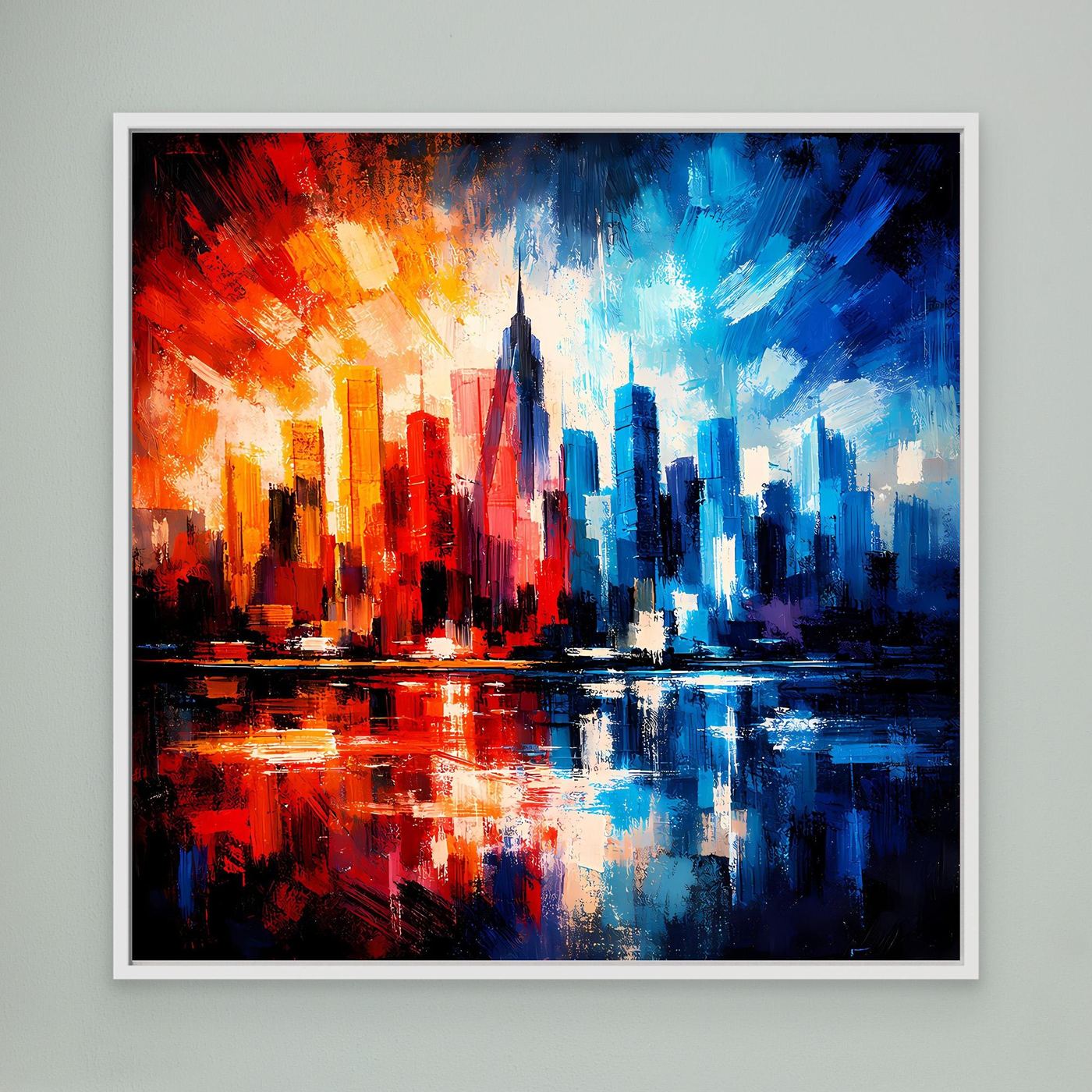 Leinwandbild mit abstrakter Skyline, rotes und blaues Stadtbild im weißen Rahmen