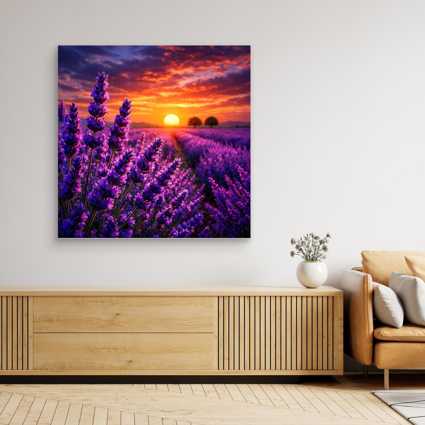 Wandbild Lavendelfeld im Sonnenuntergang, rechteckige Leinwand ohne sichtbaren Rahmen.