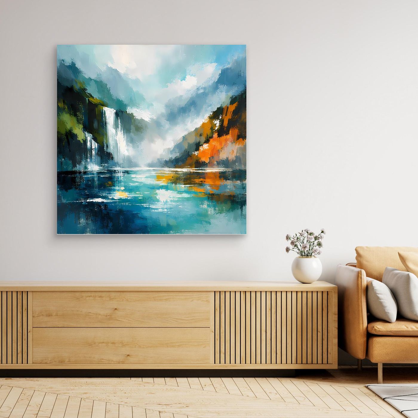 Abstraktes Leinwand-Wandbild Wasserfall im Fjord, ohne Rahmen, blau mit leuchtenden Akzenten