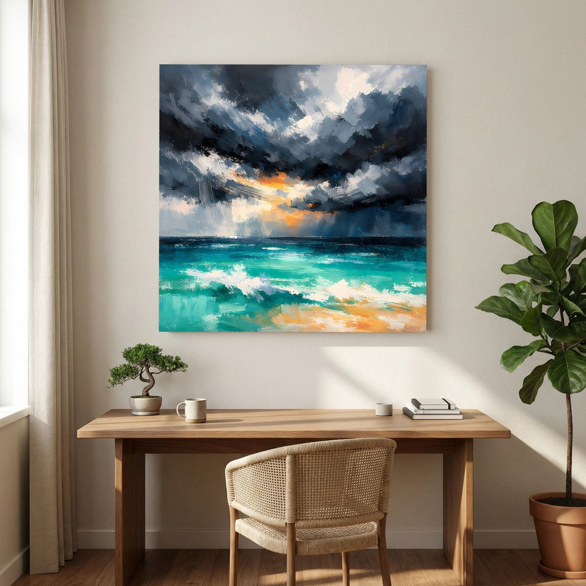 Leinwand-Wandbild: stürmischer Himmel über türkisfarbenem Meer mit orangefarbenem Lichtsaum.