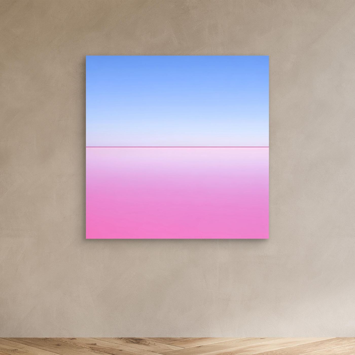 Leinwandbild mit abstraktem Horizont in Blau und Rosa, ohne sichtbaren Rahmen