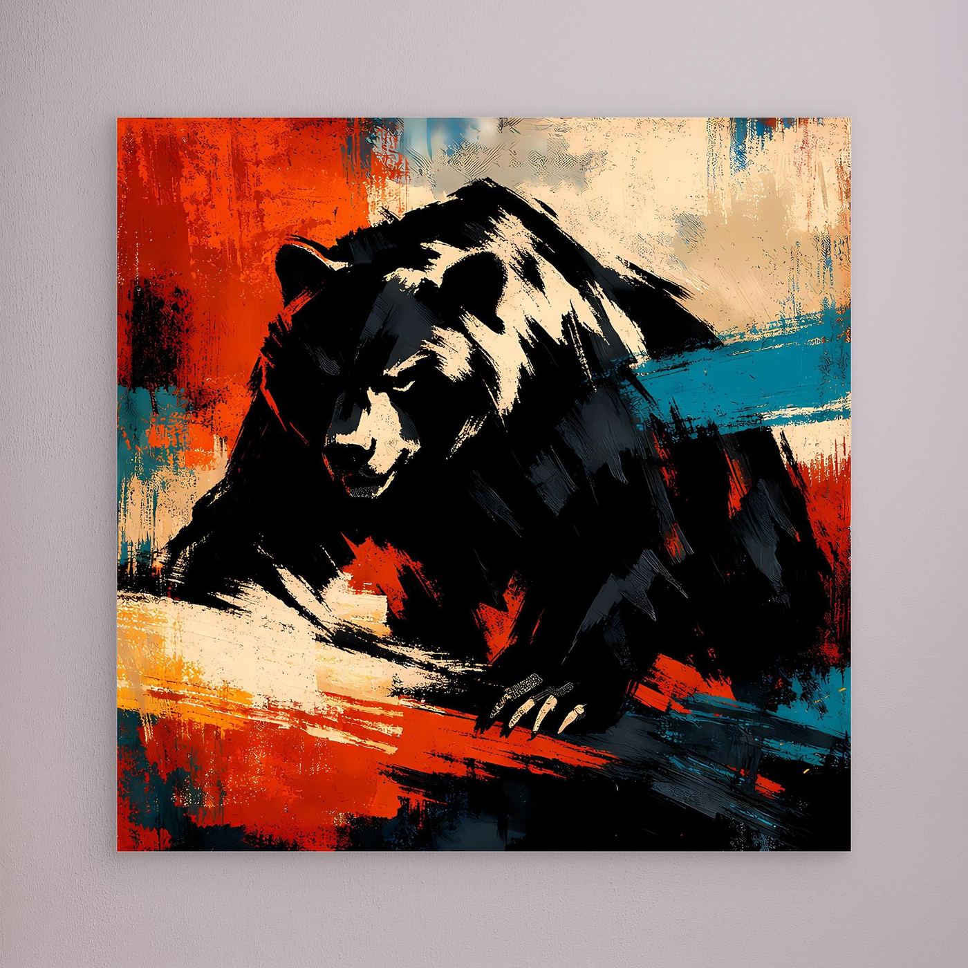 Leinwand-Wandbild: abstrakter Grizzlybär, schwarz-beige, Rot- und Blauakzente, ohne Rahmen