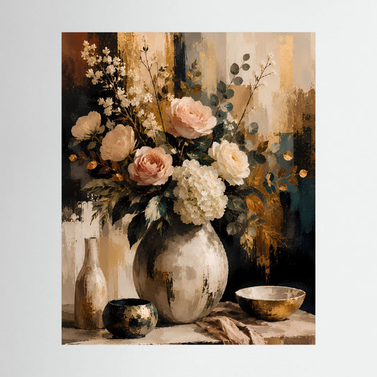 Blumenstillleben-Poster mit Rosen und Hortensien in Vase, abstrakt, ohne Rahmen