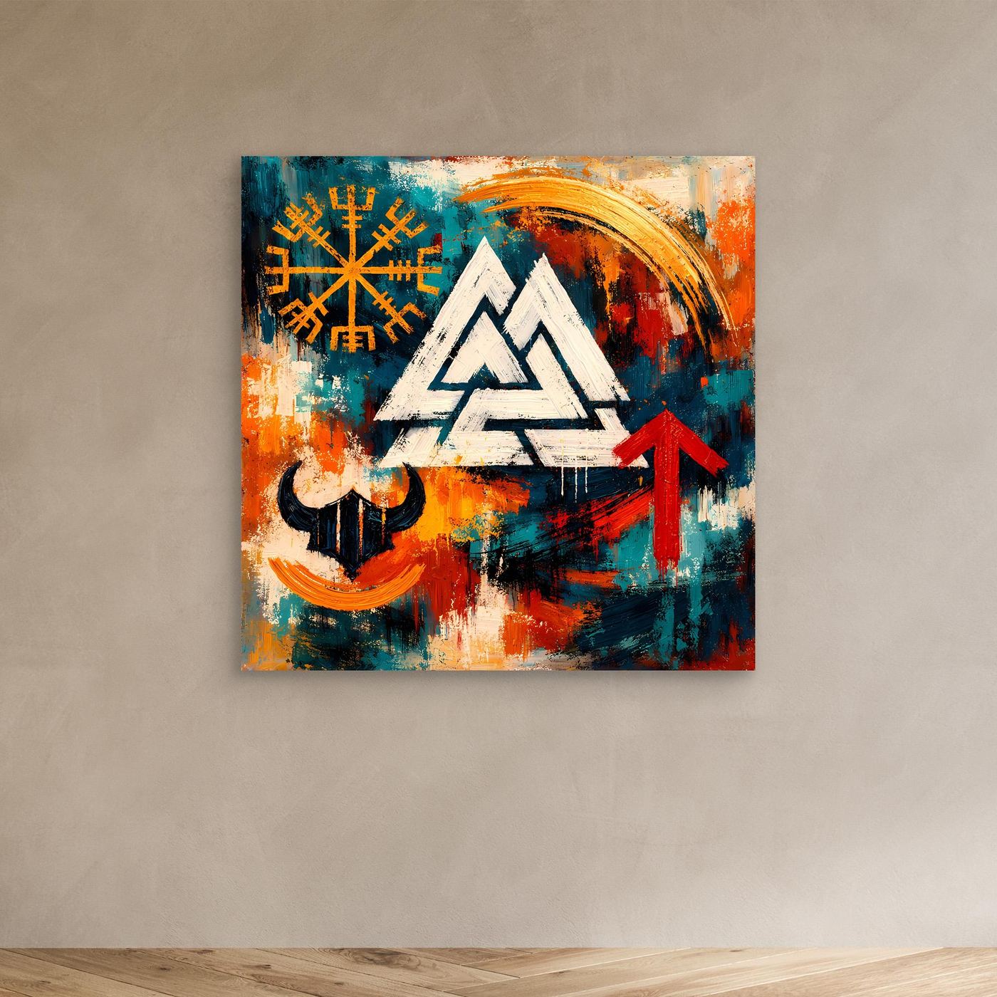 Leinwand-Wandbild mit Wikinger-Motiven: gehelmtes Symbol, Runenrad, Dreieck und Pfeil