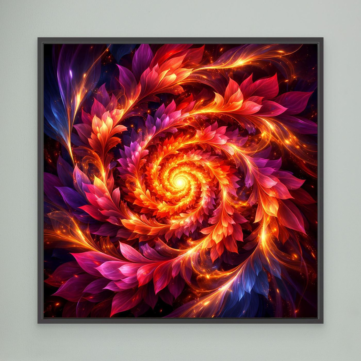 Gerahmtes Leinwandbild: feurige Spirale in Orange, Rot, Lila, schwarzer Rahmen