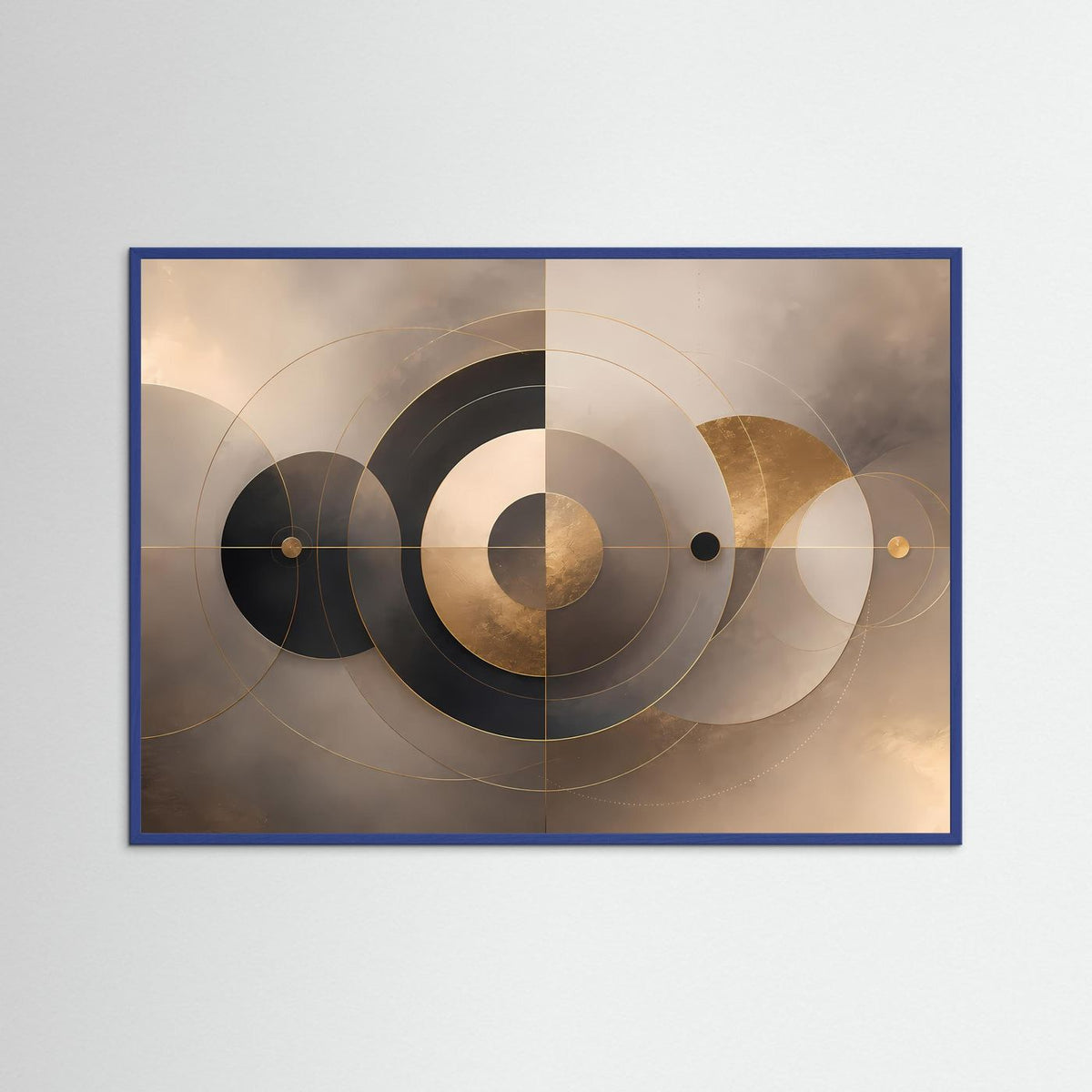 Querformat-Poster mit Kreisen in Beige, Gold und Schwarz im blauen Rahmen
