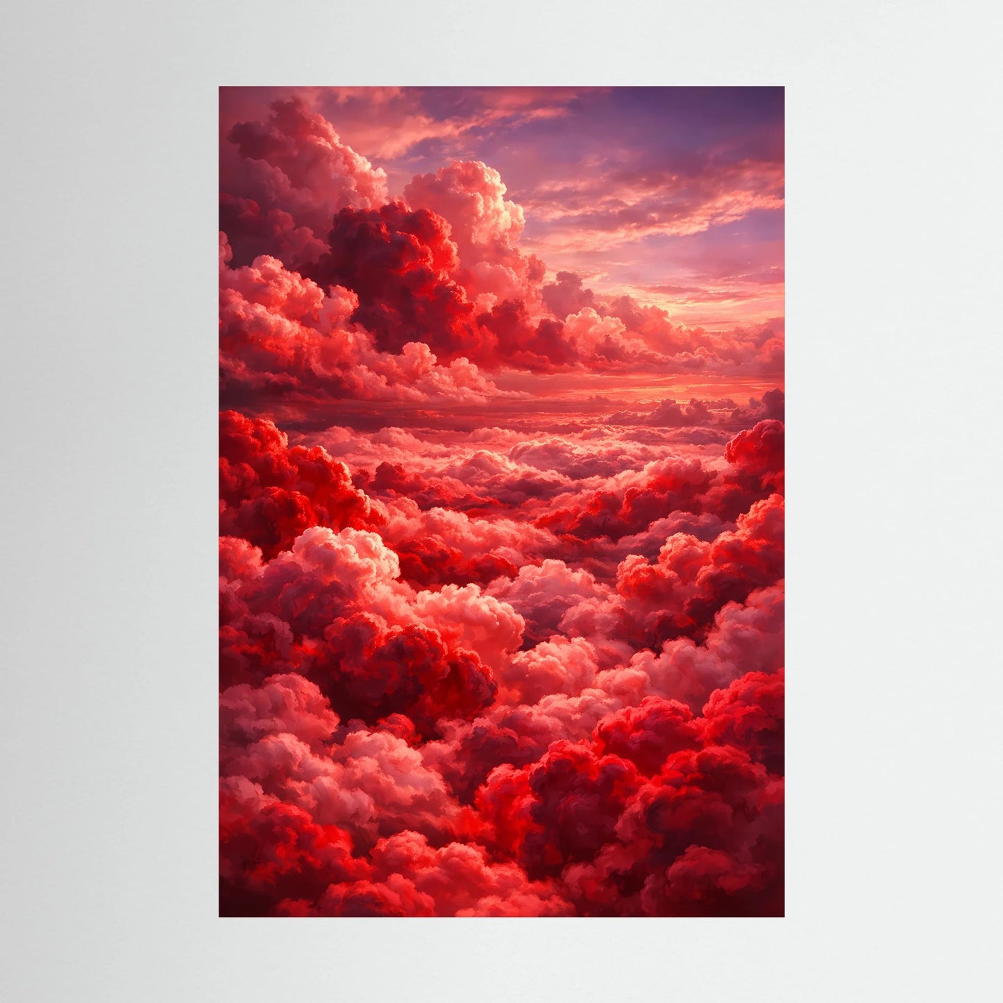 Hochformatiges Kunstposter mit dichten roten Wolken und rosafarbenem Himmel