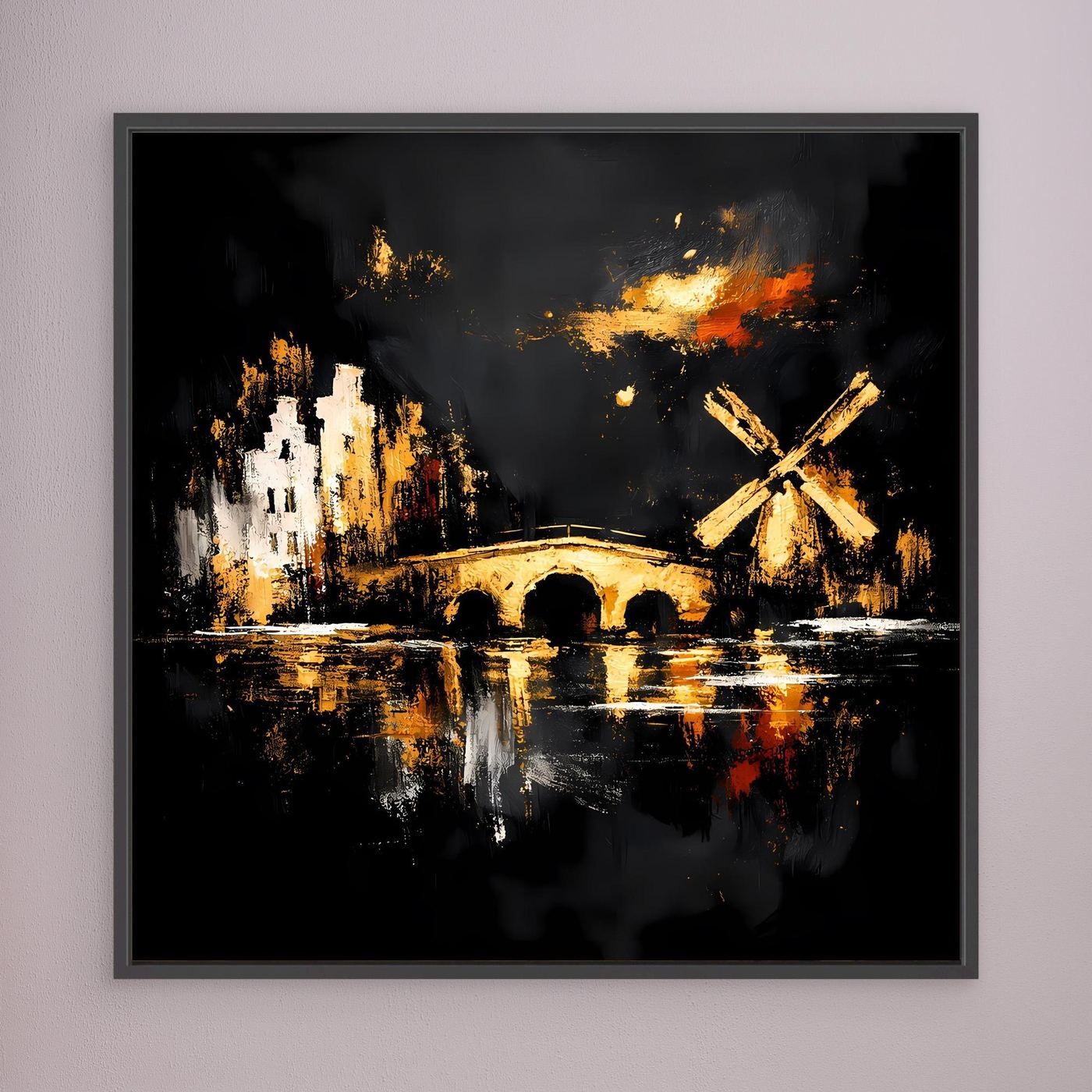 Leinwand Goldene Windmühle in Amsterdam | Abstraktes Holland Wandbild Modern