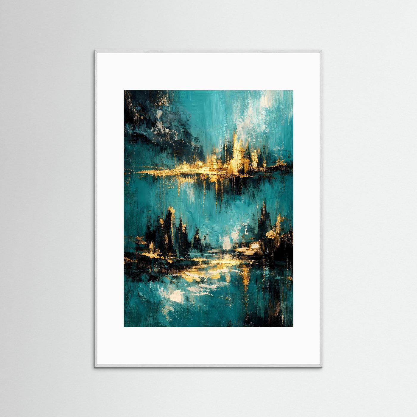Hochformat-Poster mit abstraktem Meer in Türkis, Petrol und Gold, weiß gerahmt