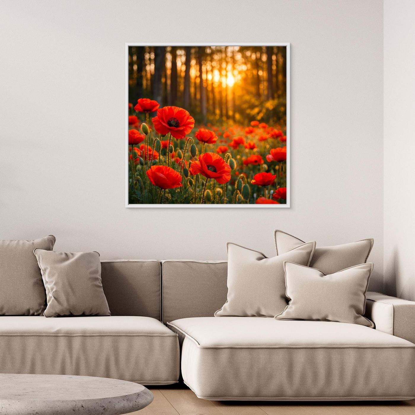 Leinwandbild mit weißem Rahmen: roter Mohnblumen im Wald bei Sonnenuntergang