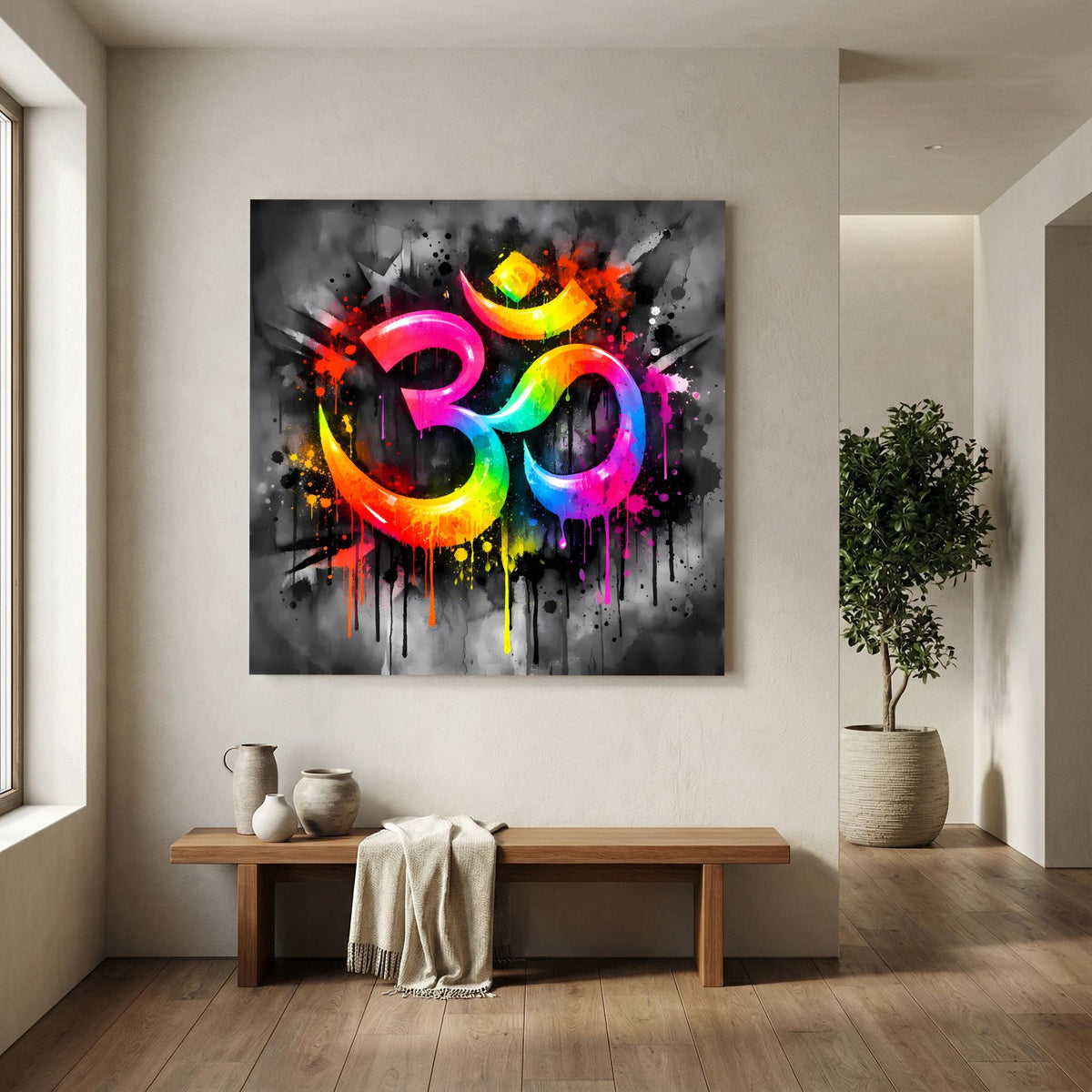 Leinwandbild mit Om-Symbol auf Keilrahmen, leuchtende Regenbogenoptik und tropfende Farbakzente.