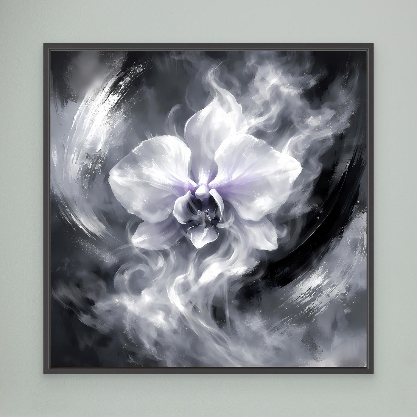 Leinwandbild mit abstrakter Orchidee in Schwarzweiß, schwarzer Rahmen