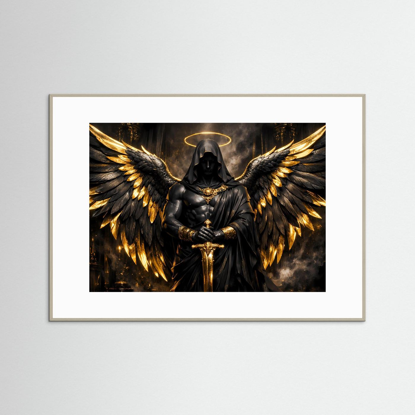 Dunkler Engel mit Goldflügeln & Schwert | Mystisches Wandbild Querformat