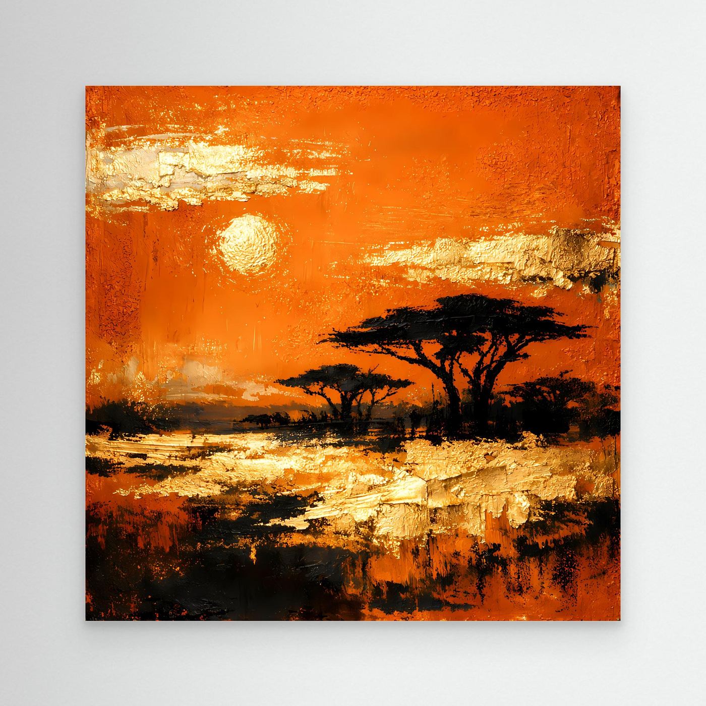 Leinwand Abstraktes Savannen-Panorama | Modernes Afrika Wandbild in Orange und Goldblättern
