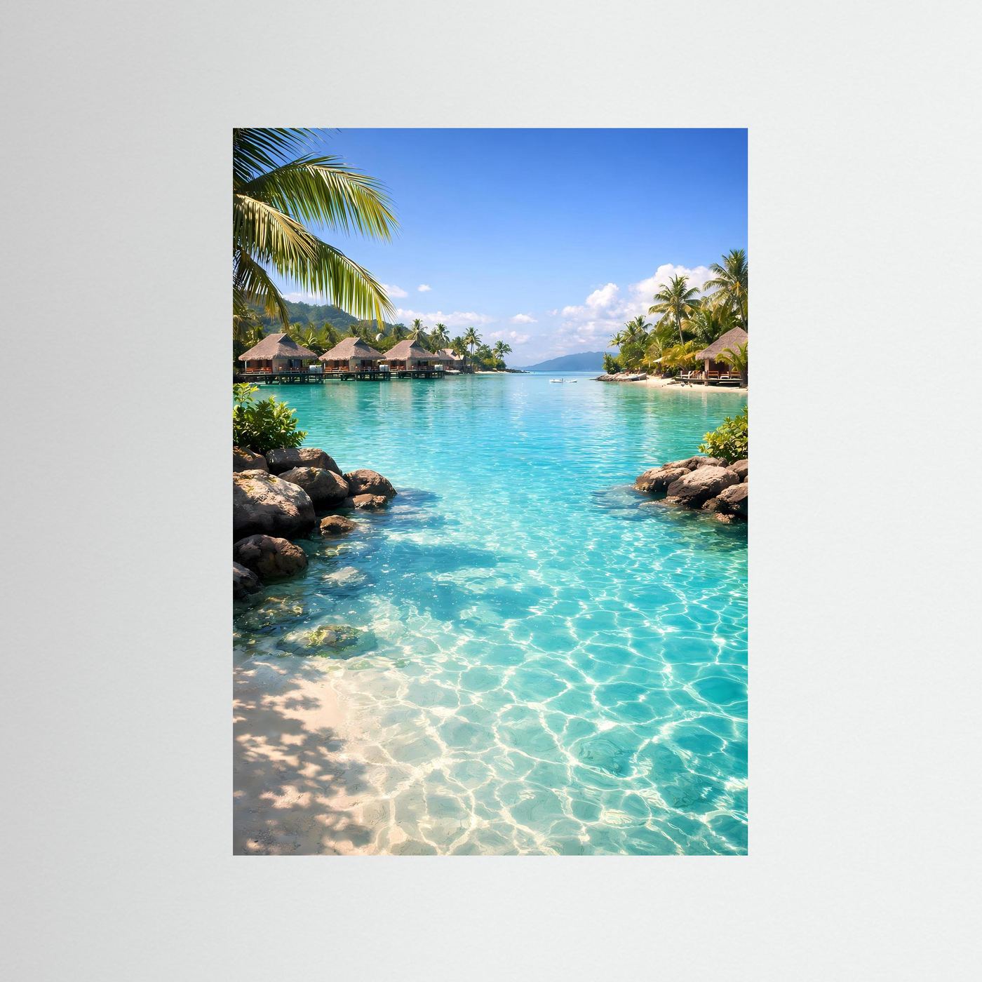 Poster mit tropischem Lagunenmotiv, türkisfarbenem Wasser und Overwater-Bungalows