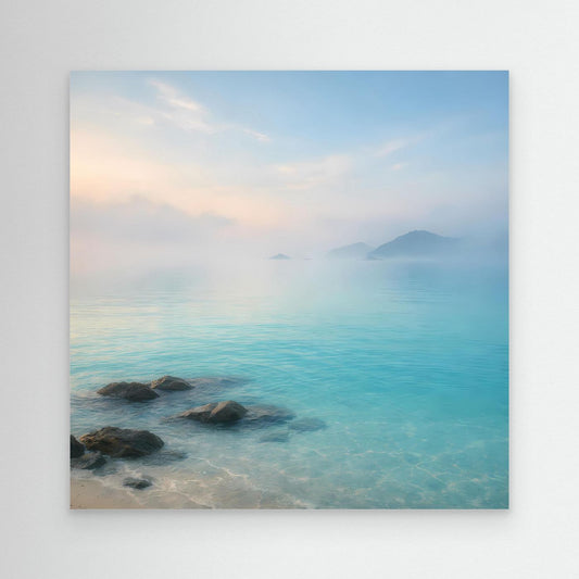 Leinwandbild mit nebeligem Meer in Türkis, ohne Rahmen