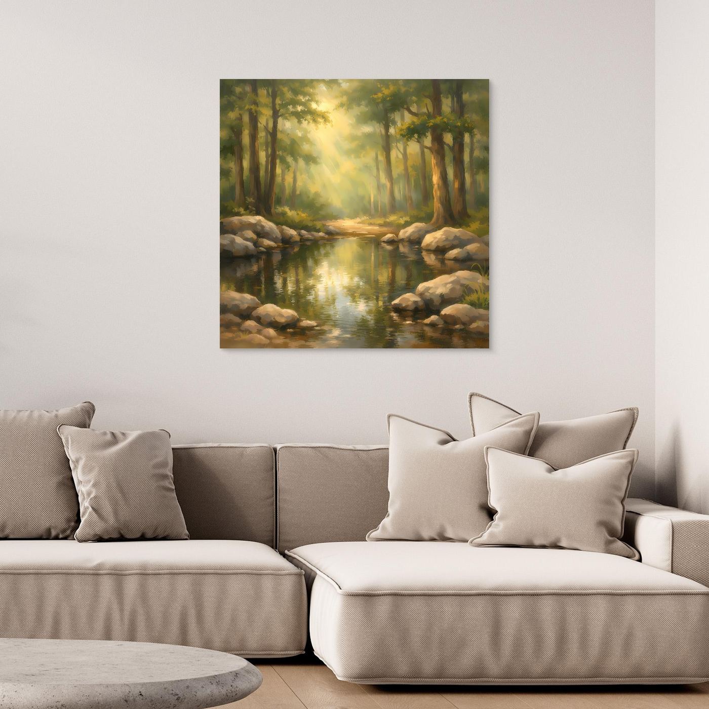 Gerahmtes Leinwandbild mit Waldlandschaft und Bach im Sonnenlicht, Steine im Vordergrund.