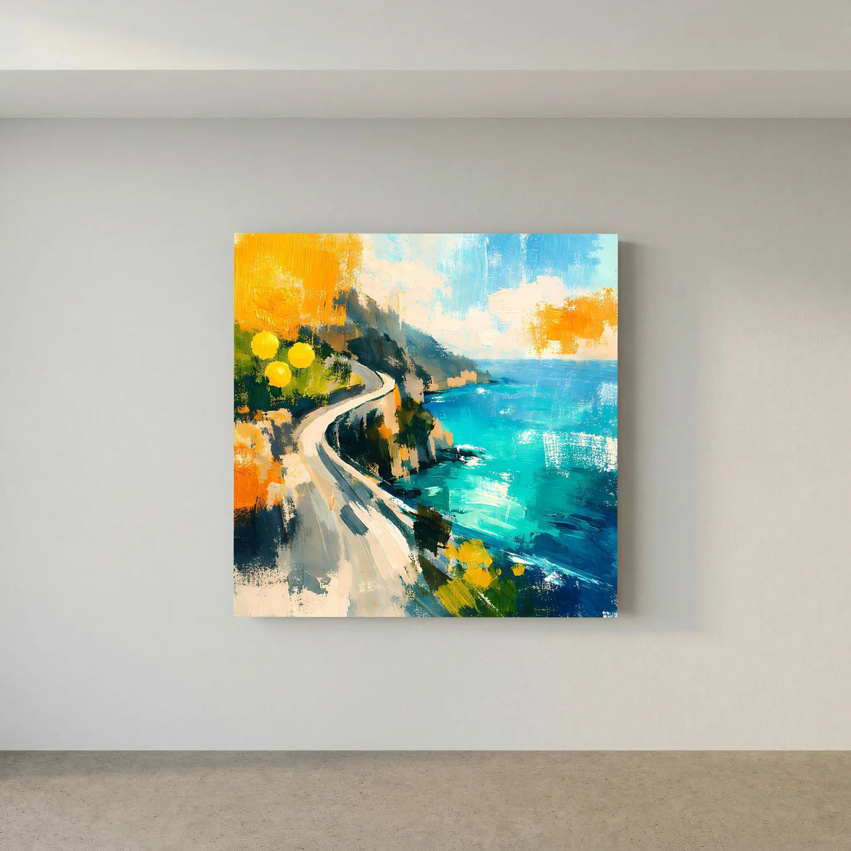 Abstraktes Küstenstraßen-Wandbild auf Leinwand mit türkisfarbenem Wasser und Orangetönen