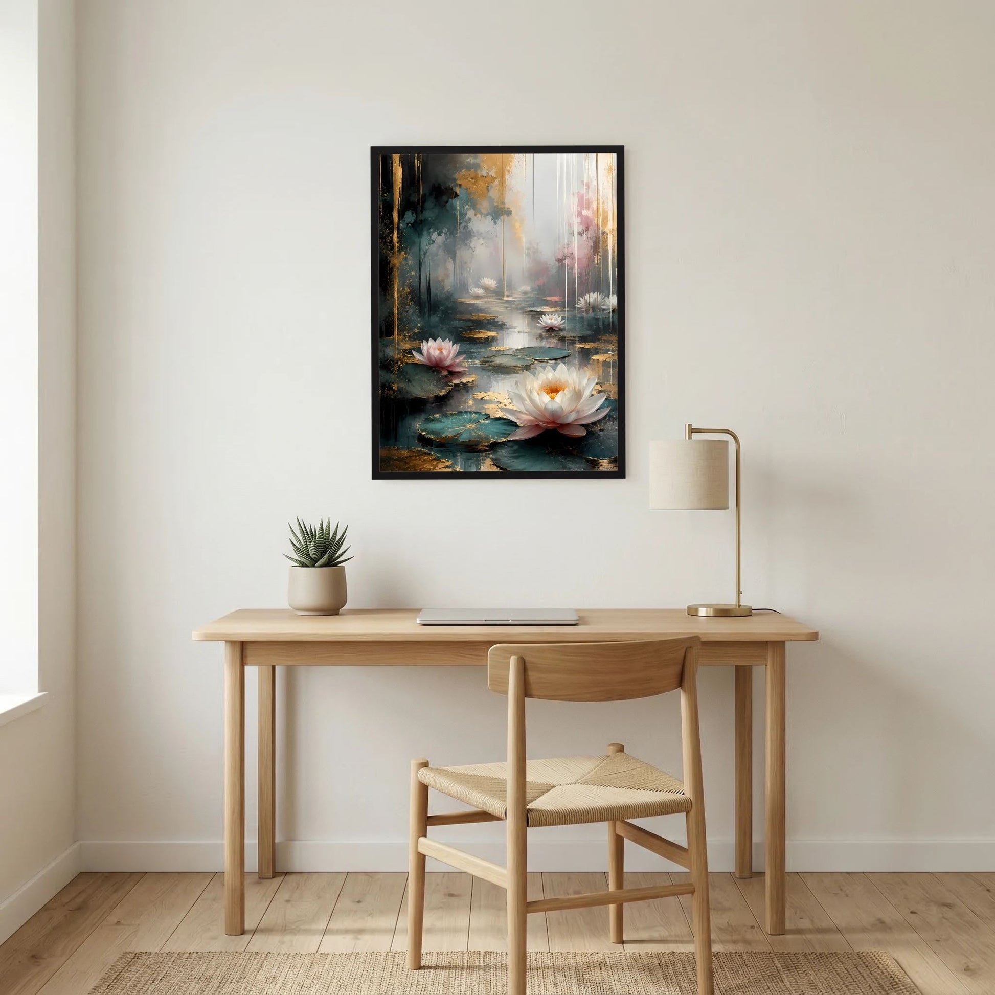 Wandposter im Hochformat mit Wasserlilien in Weiß/Rosa und blaugrünen Reflexen, schwarzer Rahmen