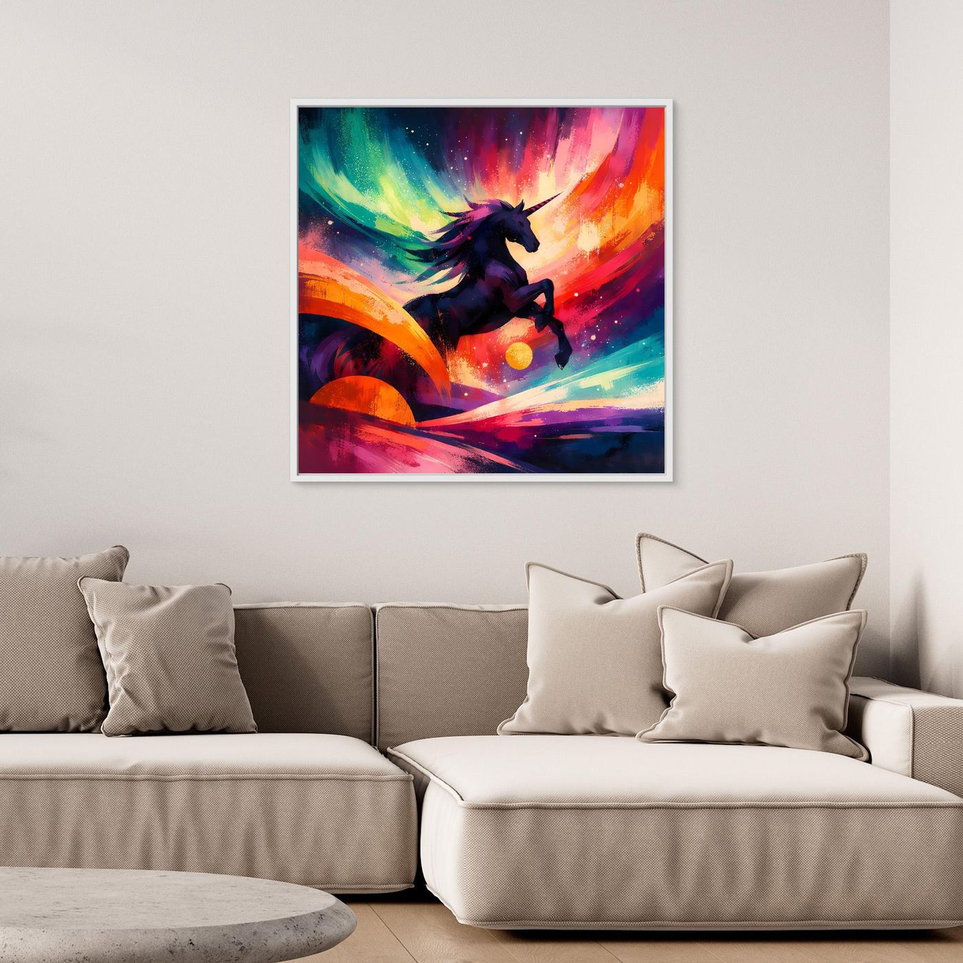 Leinwandbild: dunkles Einhorn springt in abstrakter Regenbogenlandschaft mit Sternenlicht