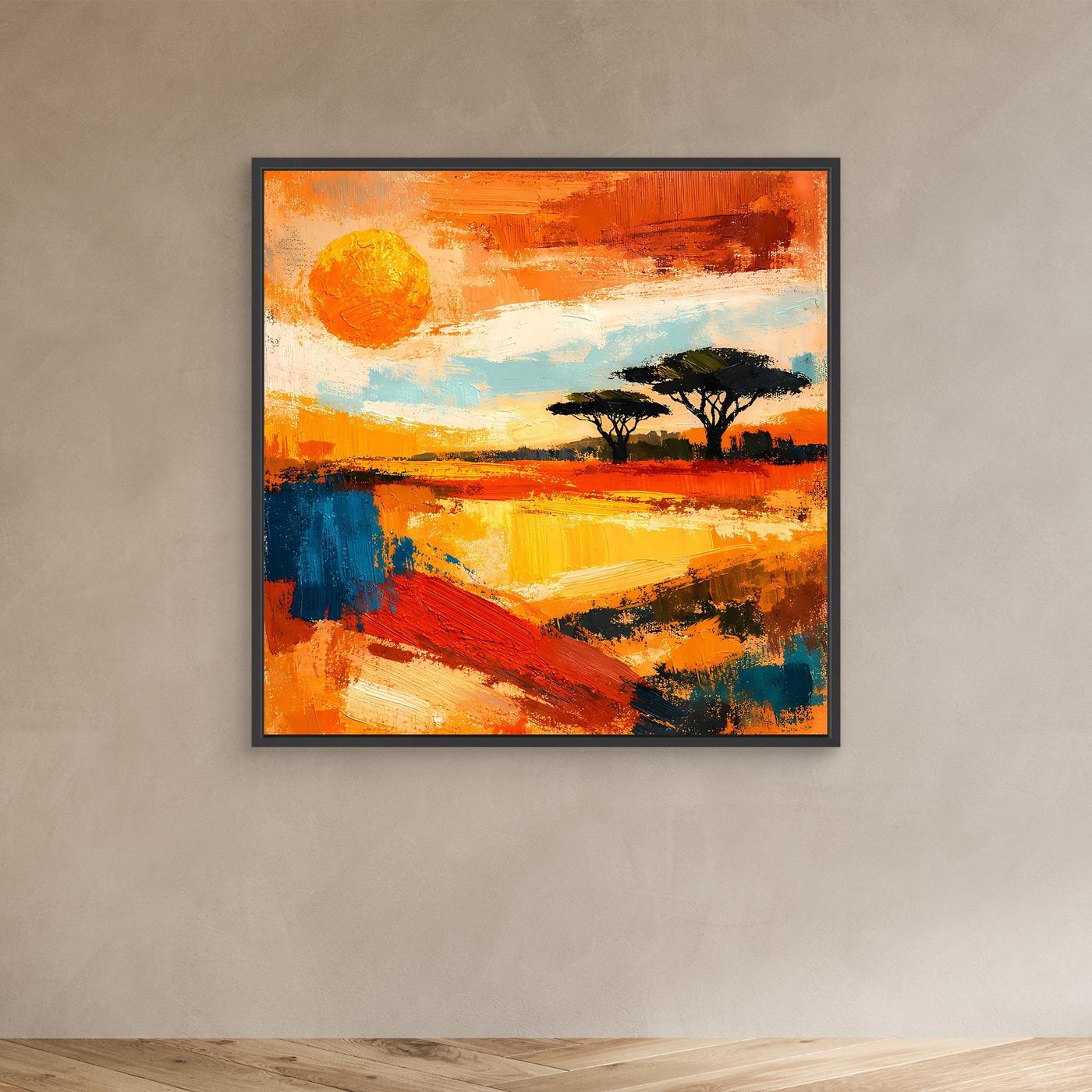 Small abstract landscape wall art with orange sunset tones and dark acacia tree silhouettes in a black frame.