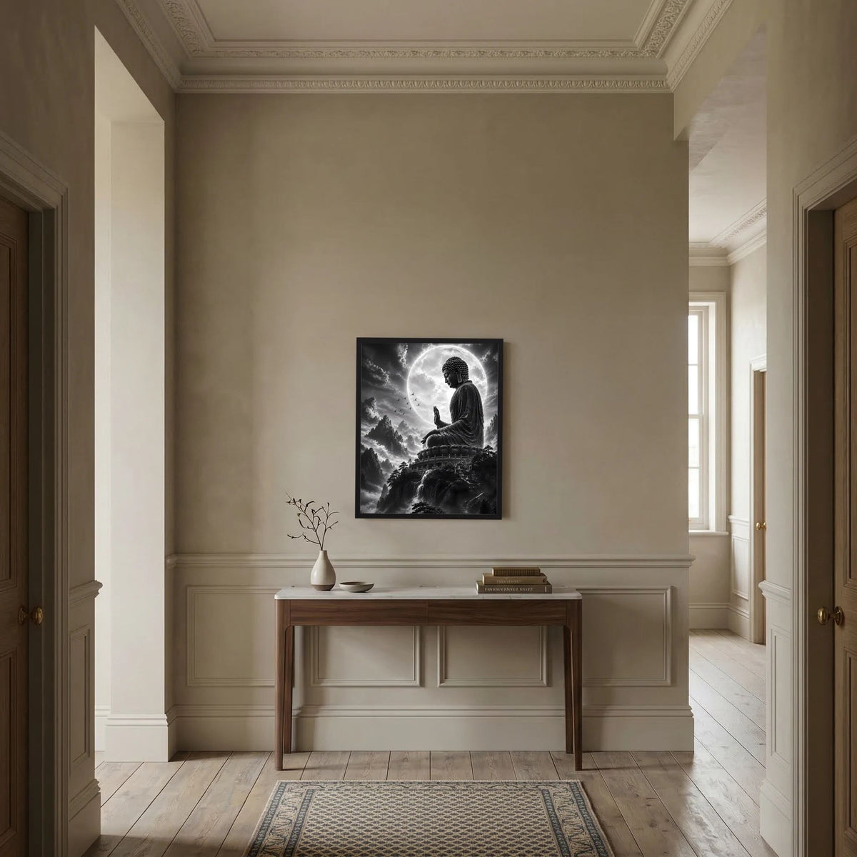 Schwarzweiß-Poster im Hochformat mit sitzendem Buddha, Vollmond und Bergtal