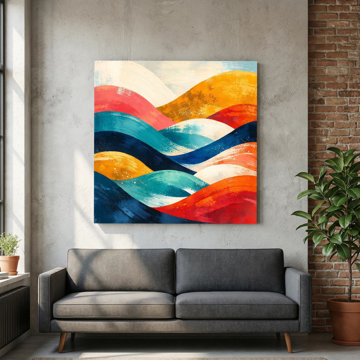 Abstraktes Wandbild mit farbigen Wellenhügeln auf Holz-Keilrahmen, quadratisch