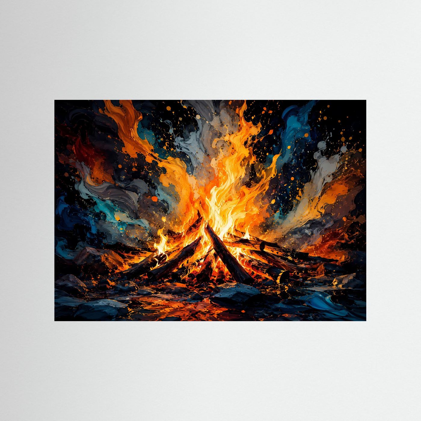 Abstraktes Lagerfeuer | Modernes Feuer-Wandbild in Orange, Blau & Schwarz