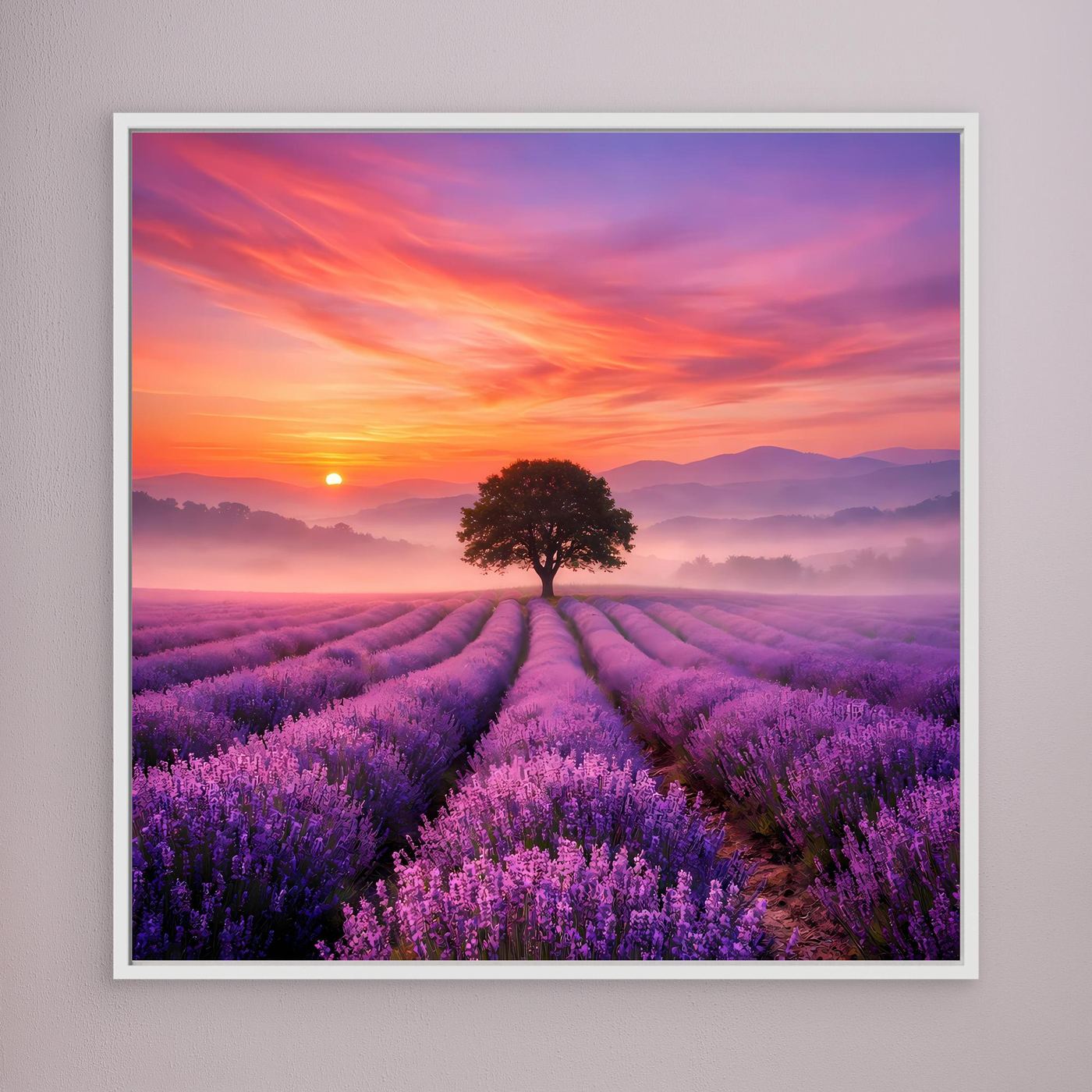 Lavendelfeld-Wandbild mit Sonnenuntergang, weißem Rahmen und Baum in Lavendelreihen