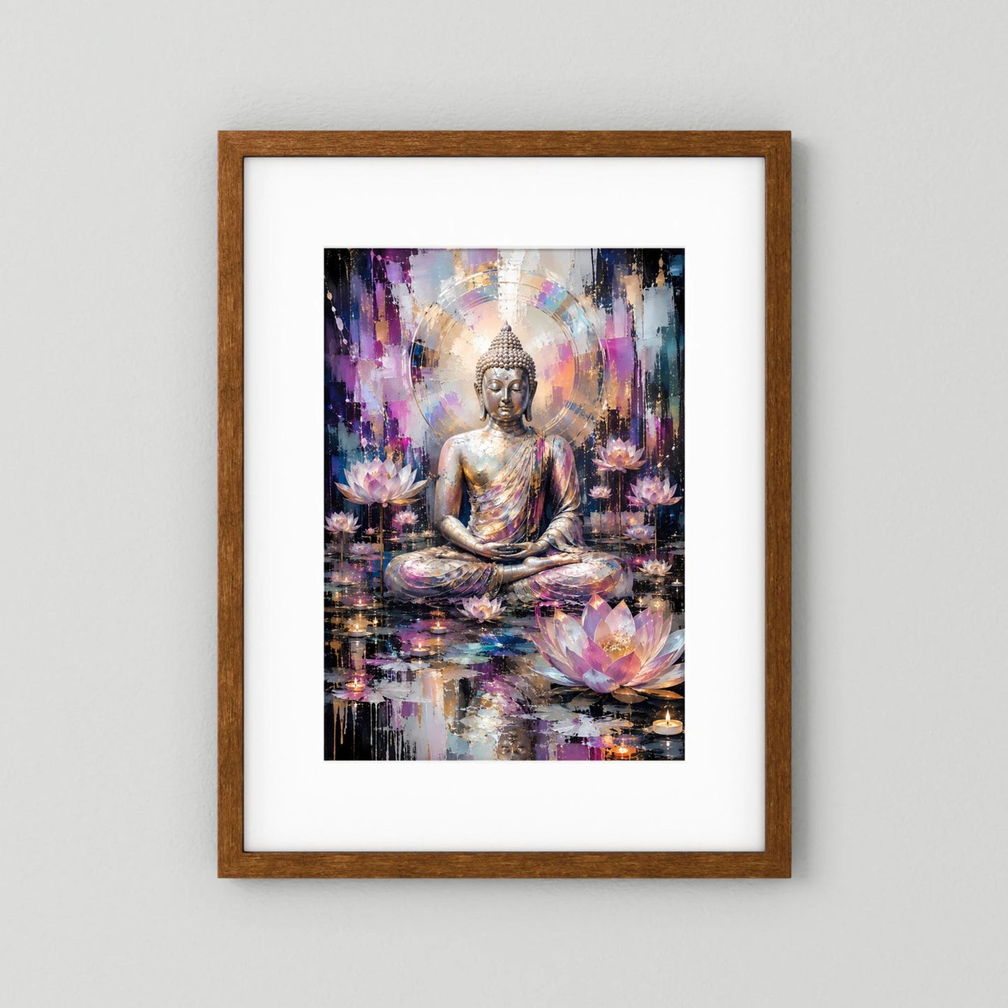 Poster im braunen Holzrahmen mit weißem Rand: meditierender Buddha, Lotusblüten, abstrakt.