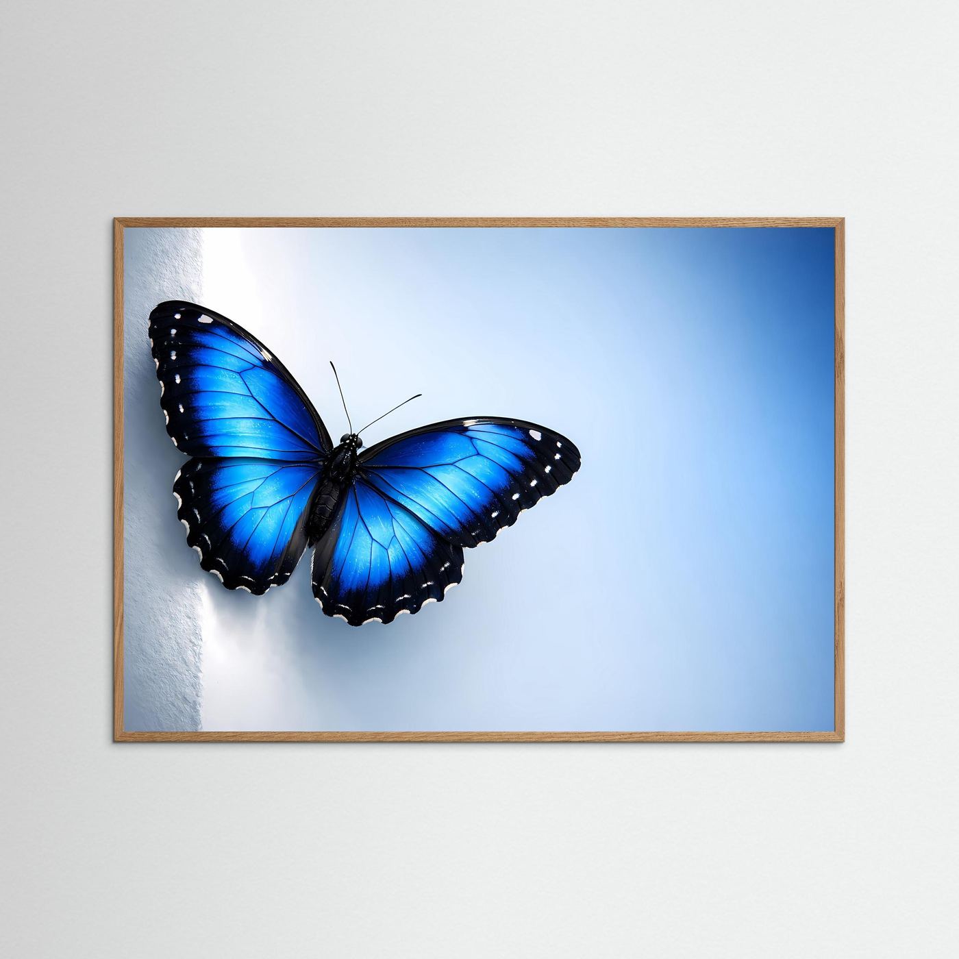 Querformat-Poster mit blauem Schmetterling im braunen Holzrahmen