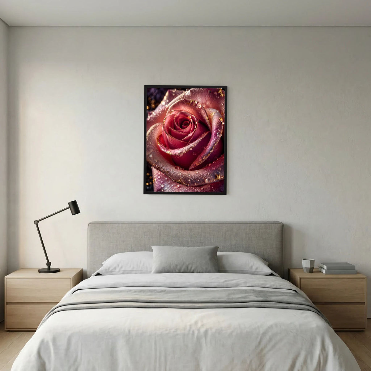 Rosenposter im schwarzen Rahmen mit roter Rose, Wassertropfen und goldfarbenem Glanz