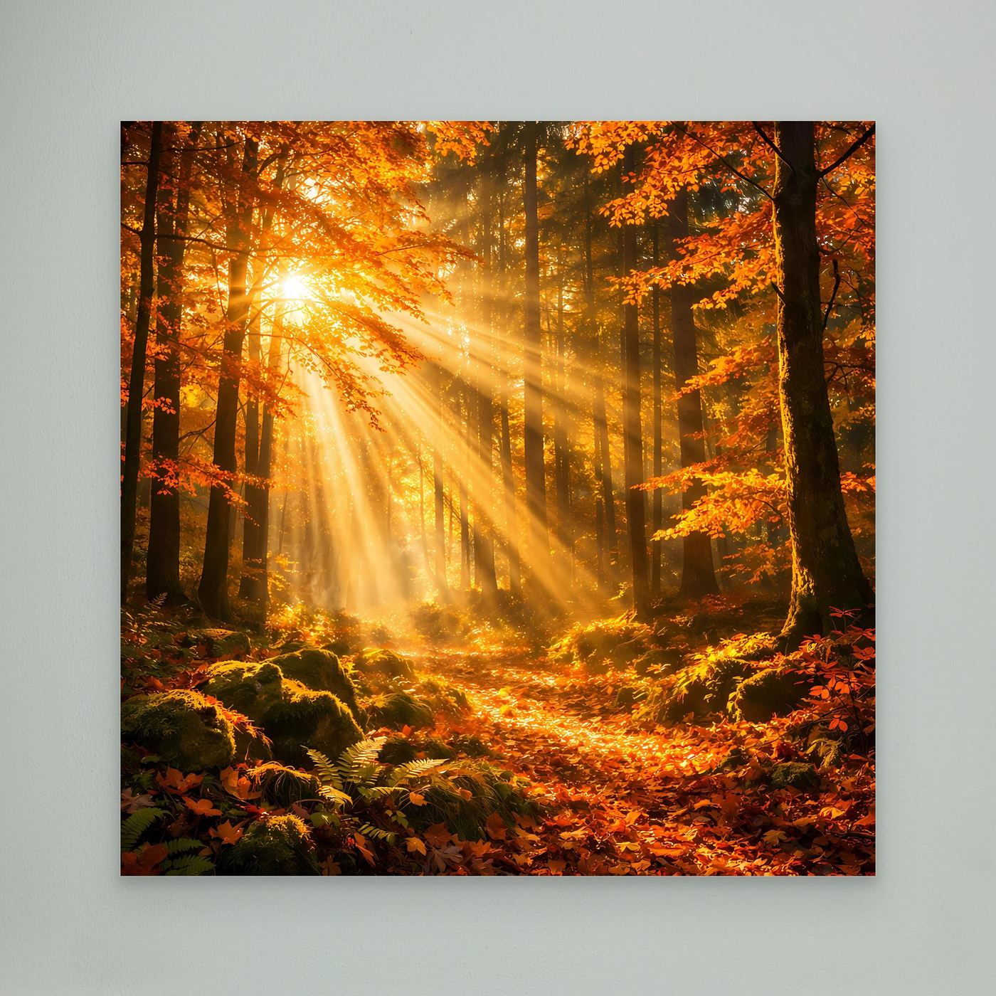 Leinwandbild Herbstwald-Motiv mit Sonnenstrahlen durch Bäume und leuchtenden Farbtönen