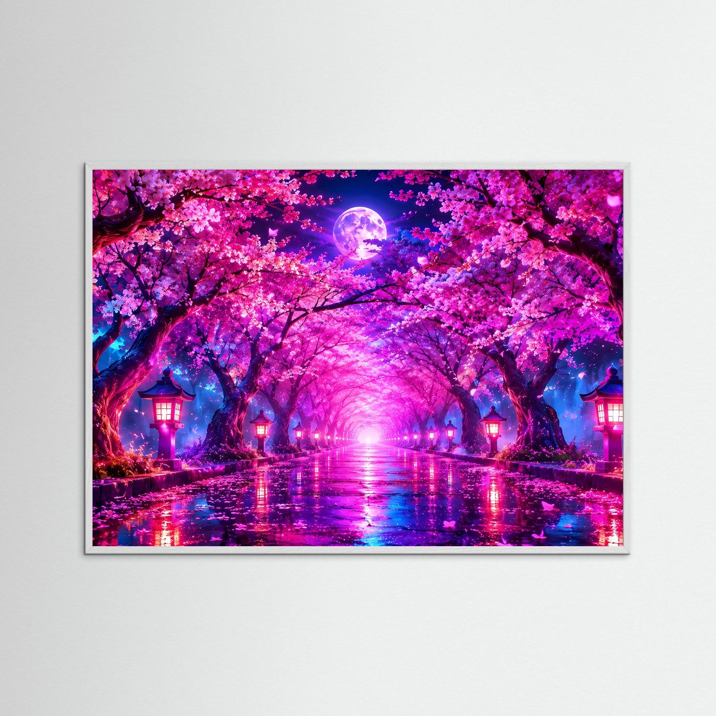 Kirschblüten Allee Wandbild Neon | Japan Poster Sakura Nacht | Leuchtender Vollmond | Fantasy Landschaft | Moderne Leinwand Wandkunst