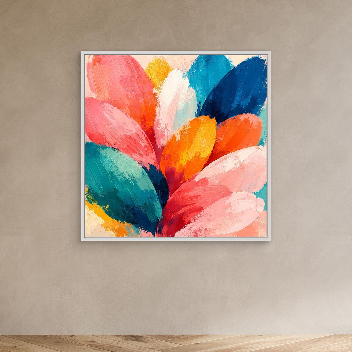 Abstraktes Blüten-Leinwandbild mit bunten Pinselstrichen, Rahmen in Weiß