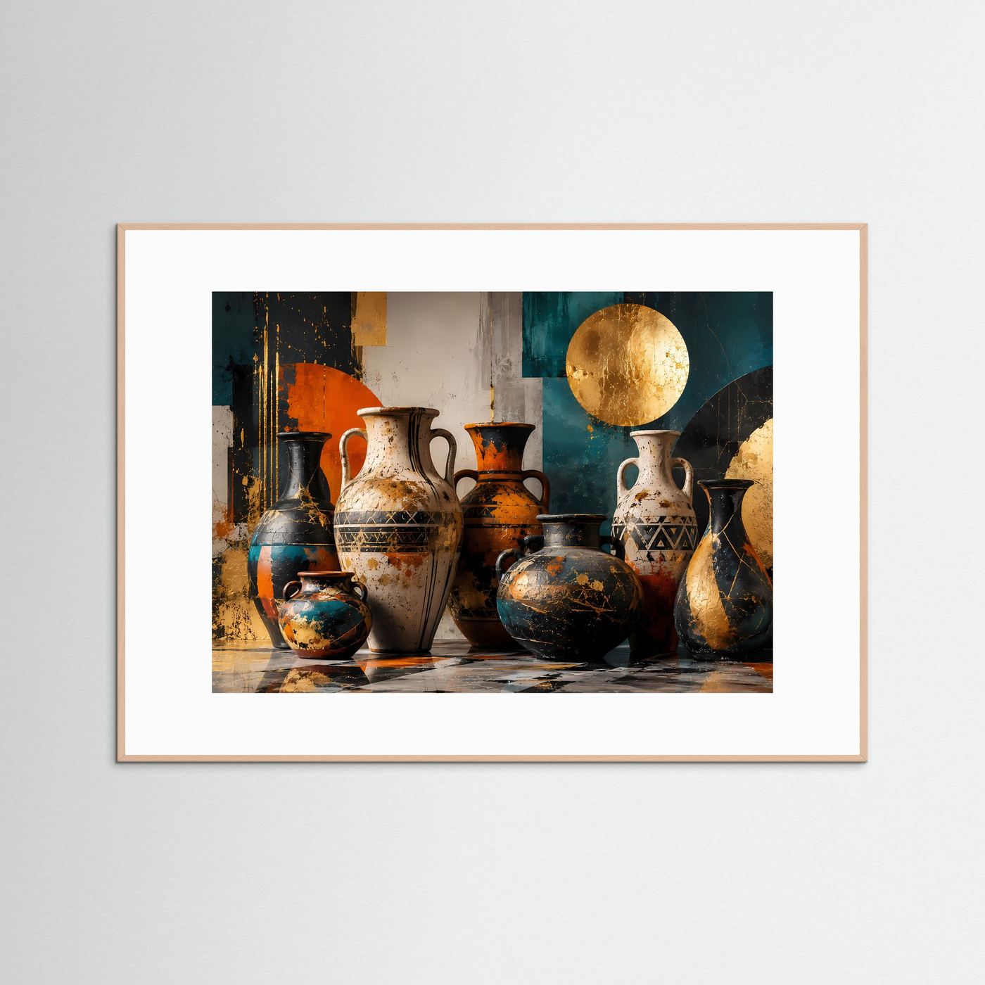 Antike Amphoren in Gold, Petrol & Terrakotta | Abstrakte mediterrane Vasen Kunst
