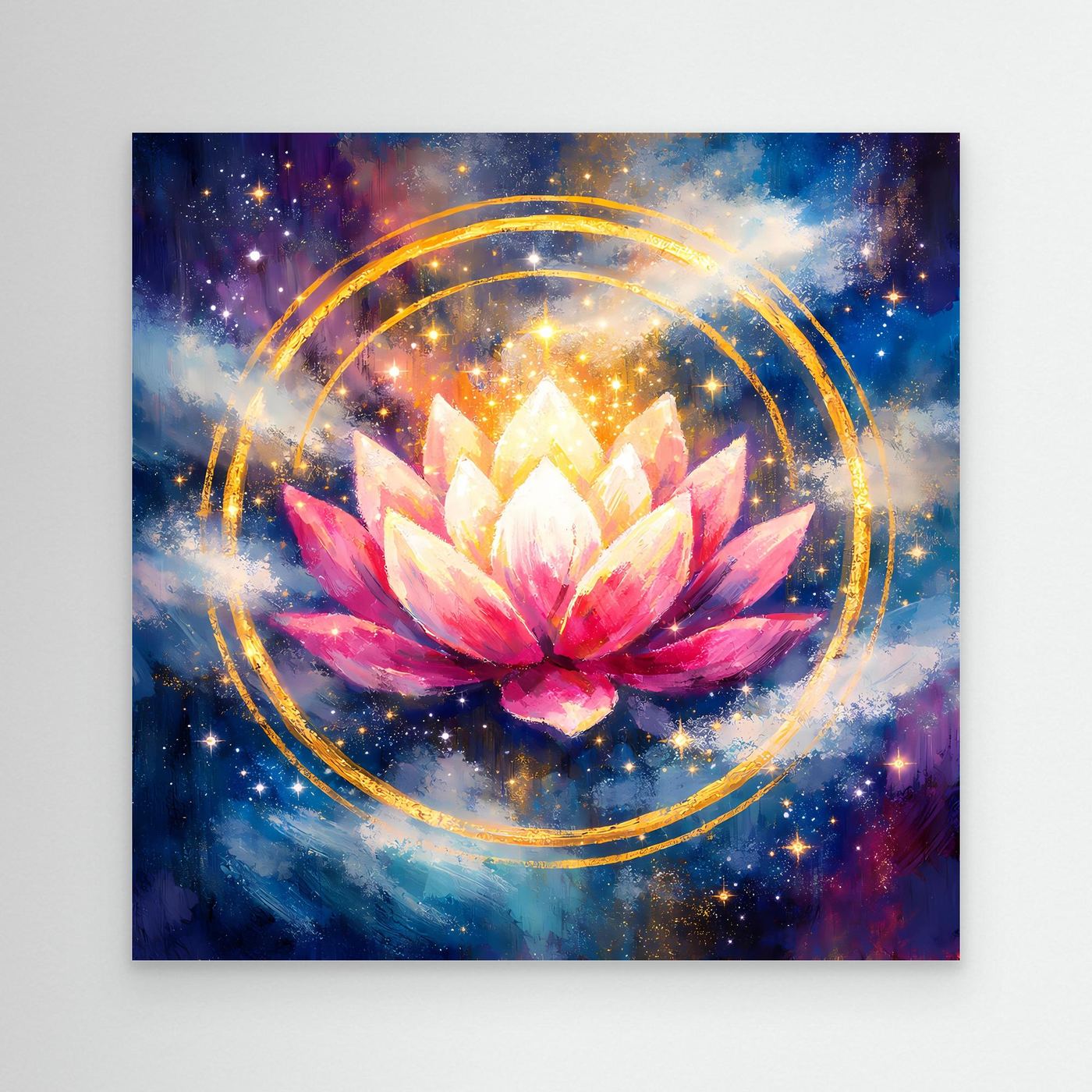 Wandbild aus Leinwand mit Lotusblüte, goldenen Kreisen und Sternen im Kosmos