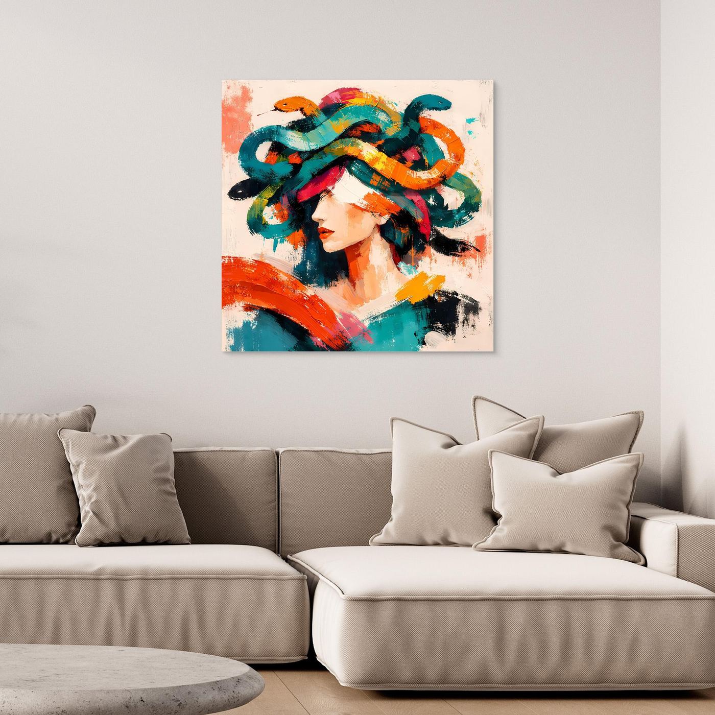 Kleines Wandbild mit Medusa-Porträt im Pop-Art-Stil, bunte Haare, ohne Rahmen