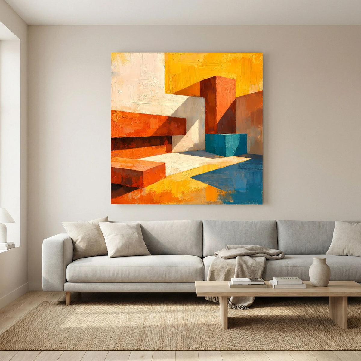 Abstraktes Leinwand-Wandbild mit mehrschichtigen geometrischen Formen in Orange und Blau