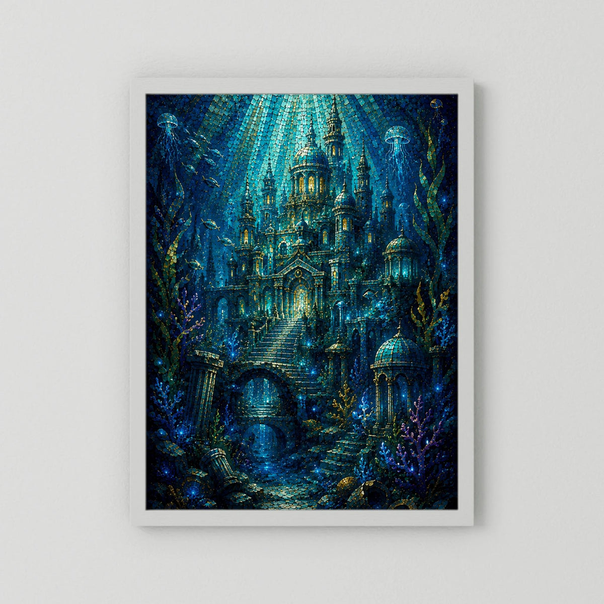 Hochformat-Poster mit Unterwasserstadt im Mosaikstil, Blau und Gold, weißer Rahmen