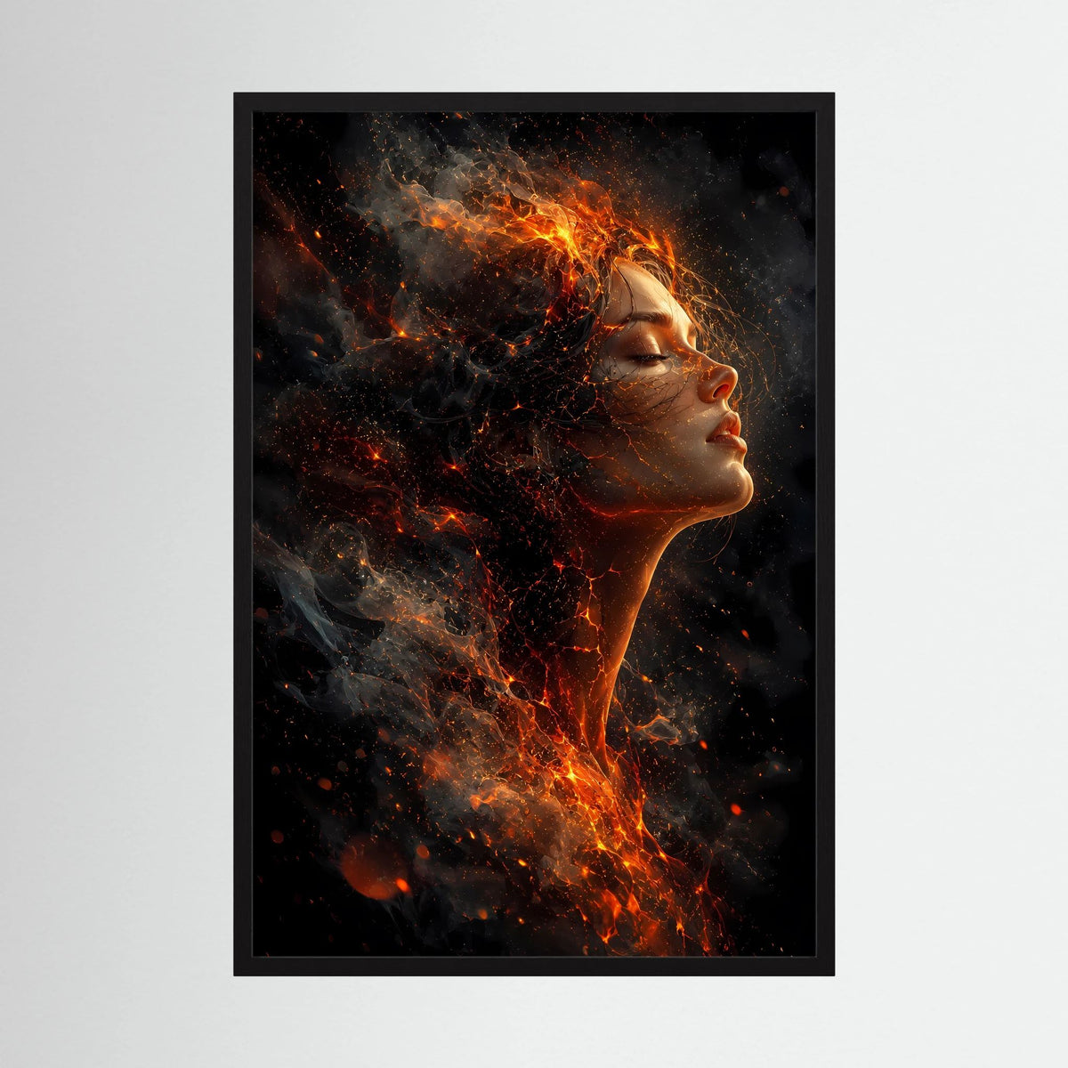 Hochformat-Poster mit Frauenporträt in Flammen und Glut, schwarzer Rahmen