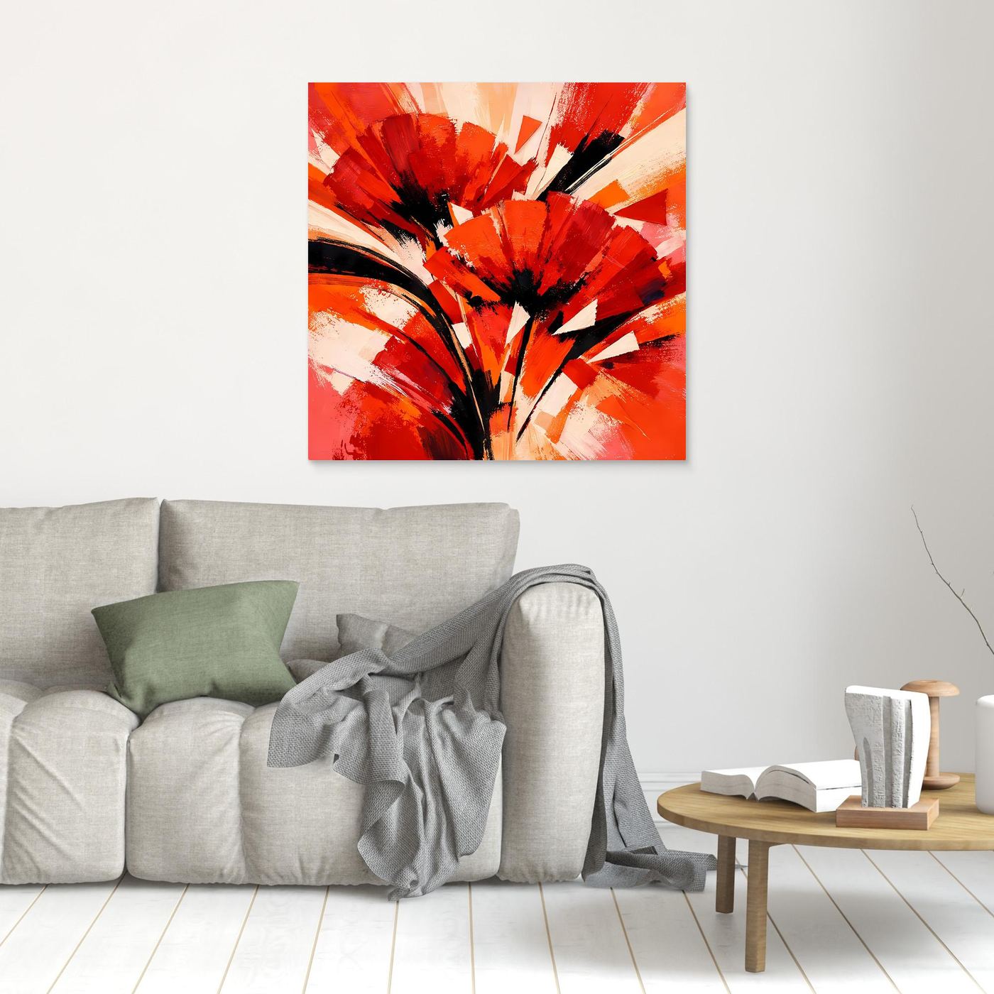 Abstraktes Mohn-Leinwandbild in Rot und Orange, weißer Rahmen im Wohnraum